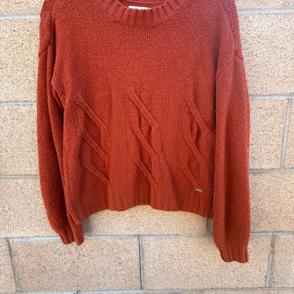 Hollister Rust Orange Crew Neck Sweater with Textured Design and Relaxed Fit